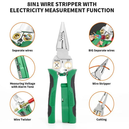 8 in 1 Wire Stripper Twister for Cutting and Pulling Wires, Cable Scissors,Voltage Tester Pliers, 12V to 250V Live
